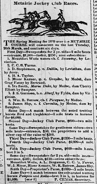 Spring 1839 Race Announcement Metairie Jockey Club Metairie Race Course New Orleans The Times Picayune March 8, 1839