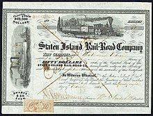 Share of the Staten Island Rail Road Company, issued 28. March 1864, signed by William Henry Vanderbilt as president Staten Island RR 1864.jpg