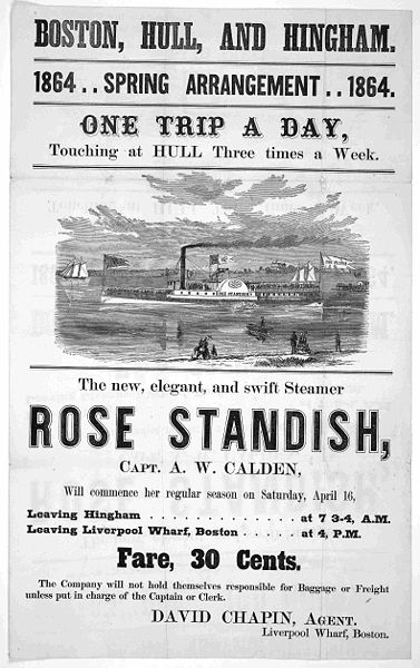 Steamer Rose Standish, operating between Boston, Hull and Hingham, 1864