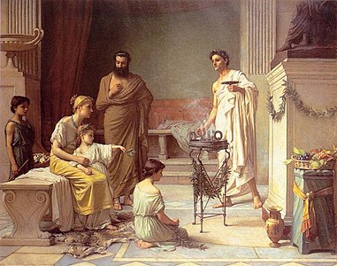 ילד חולה הביא אל המקדש של אסקלפיוס