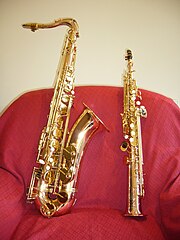 A tenor and soprano saxophone (on the right) made from phosphor bronze, showing their comparative sizes