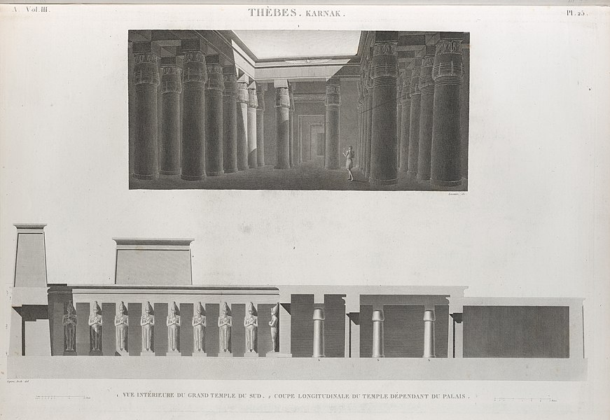 Pl.25 - 1. Vue intérieure du Grand Temple du sud 2. Coupe longitudinale du temple dépendant du palais