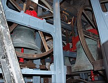 Inside the belfry of St Stephen's Church, Bristol, England. In 1970, Taylor's cast five of the twelve bells and a new frame, in which they re-hung all twelve. The bells of St Stephen's Church, Bristol (3915213204).jpg