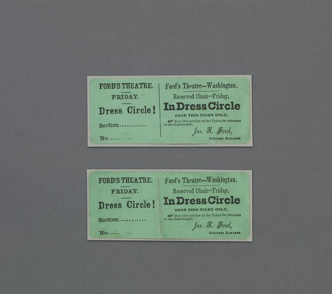 File:Theatre tickets to Ford's Theatre the night Abraham Lincoln was assassinated. Artifacts in the museum collection, National Park Service, Ford's Theatre National Historic Site, Washington, D.C LCCN2010630697.tif