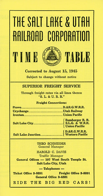 The Salt Lake and Utah Railroad's timetable 45. Timetable 45 SL&U 1945 Front Cover.jpg