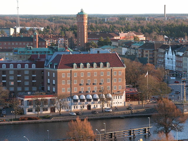 The Göta älv river and Trollhättan Water Tower in central Trollhättan