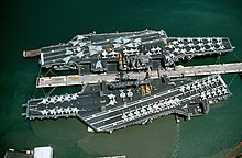 Independence (top) at Pearl Harbor relieving Midway as the 7th Fleet forward deployed carrier