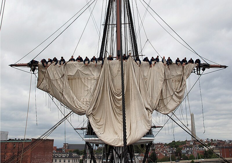 File:US Navy 070806-N-5690S-001 USS Constitution crew members practice setting and furling the ship's main topsail in preparation for the Chief Petty Officer selectee events held aboard every year during the last two weeks of.jpg