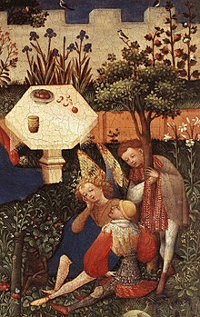 Detail from Paradiesgärtlein (Little Garden of Paradise), by an unknown artist active c. 1410–20, possibly in Strasbourg. Jennifer Lawrence has said the film's setting sometimes resembles the Garden of Eden, which this work depicts.