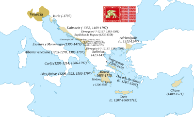 Mapa que muestra el imperio de Venecia en su momento cumbre, en los siglos XV-XVI.