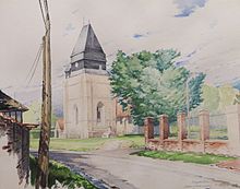 Vue aquarellée de Crestot, village de l'Eure, en 2003.JPG