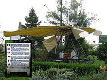 Timisoara Airport is named after Romanian flight pioneer Traian Vuia (1872-1950). A model of his airplane-automobile Vuia 1 is on display at the airport. Vuia 1 model at Timisoara.jpg