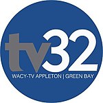 On a blue disc, the text "TV" in gray lower-case letters, and "32" in white, appears in its center. Directly below it in smaller and thin capital text, "WACY-TV APPLETON