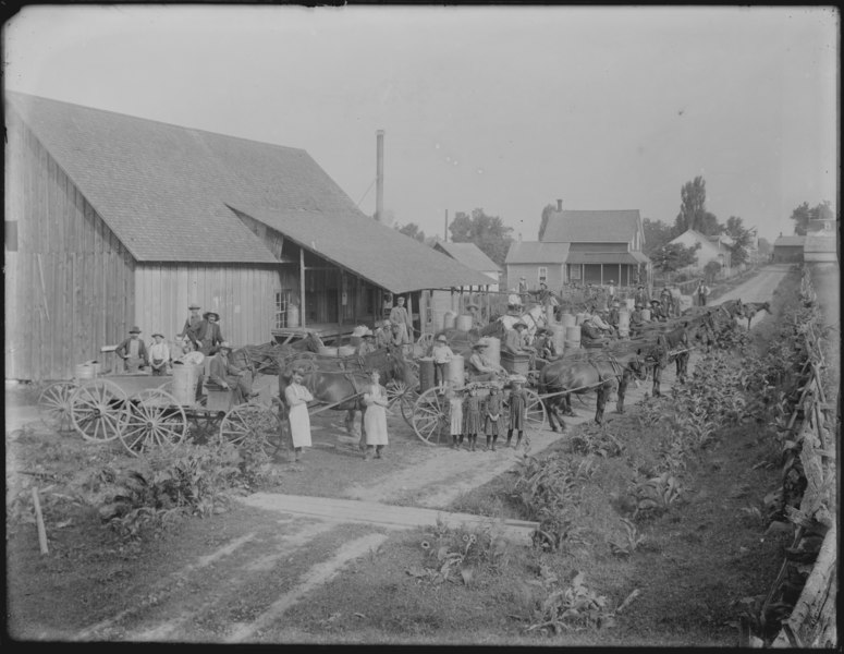 File:Workers leaving a cheese factory with barrels in horse drawn wagons (I0050427).tif