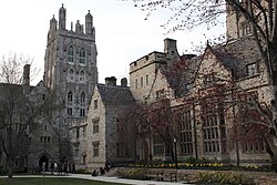 Branford Court, the Collegiate Gothic courtyard of Branford College Wrexham Tower dusk.JPG