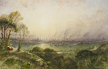 Smokestacks in Manchester England c. 1858 watercolor by William Wyld. Wyld, William - Manchester from Kersal Moor, with rustic figures and goats - Google Art Project.jpg