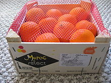 Wooden crate of clementines (mandarins) from Morocco, showing the ISPM 15 logo in the lower-left corner (MA for Morocco, from the French "Maroc") in 2010. ywsfy mGrby.jpg