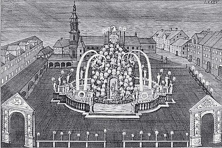 1727 Johann Anton de Klyher Kupferstich, der illuminierte Neustädter Markt mit dem Parnaßbrunnen