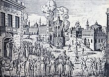 The Constantinople Massacre of April 1821: a religious persecution of the Greek population of Constantinople under the Ottomans. Patriarch Gregory V of Constantinople was executed. 1821 atrocities Constantinople.jpg