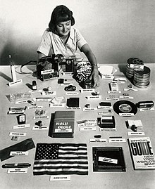 Miscellaneous objects prepared for the Westinghouse Time Capsule, created for the 1964-1965 New York World's Fair, intended to be opened in 5000 years 1965 Westinghouse time capsule contents.jpg