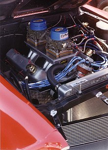 Dual 4-barrel carburetors on a "tunnel ram" intake manifold 1969 AMC AMX engine Super Stock modified Cecil dragstrip.jpg