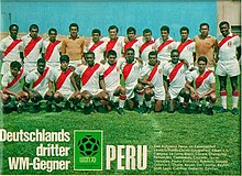 Promotional image featuring the squad for the 1970 FIFA World Cup. Standing, from left to right: Campos, de la Torre, Risco, Correa, Chumpitaz, Fernandez, Castaneda, Cruzado, J. Gonzalez, P. Gonzalez, Rubinos and Salinas. Crouching: Challe, Reyes, del Castillo, Baylon, Sotil, Leon, Cubillas, Gallardo and Ramirez. 1970 World Cup Peru Squad.jpg