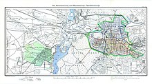 Charlottenburg um 1905 mit seinen Stadtgütern (Rieselfelder in Gatow) in einer Darstellung der Kanalisation[11]