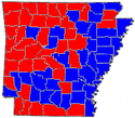 Martin counties in red, O'Brien counties in blue. 2010 AR Sec State election results.PNG