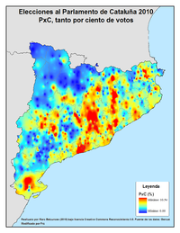 PxC results in the Catalan parliamentary election, 2010. Areas of highest support in red and lowest in blue. 2010 PxC Parlament 2010(es).png