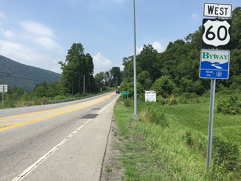 File:2017-07-21 12 17 44 View west along U.S. Route 60 (Midland Trail) at Harts Run Road (Greenbrier County Route 60-14) in White Sulphur Springs, Greenbrier County, West Virginia.jpg