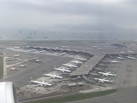 Cathay Pacific and Cathay Dragon aircraft at Hong Kong International Airport in 2018.