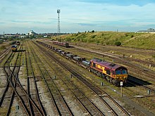 66087 in Tees Yard with a steel train from Scunthorpe for the beam mill in 2011 66087 In Tees Yard sidings with a Steel train from Scunthorpe.jpg