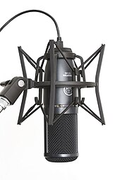Large element condenser microphone in shock mount AKG Perception 120 USB condenser microphone with SH 100 shock mount.jpg