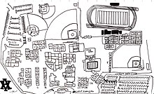 Quadrate und Rechtecke befinden sich rund um das Labor.Sie sind mit Klassennummern gekennzeichnet.Auf der Ruckseite des Bildes befindet sich ein Oval mit einer Spur, die ein Fu?ballfeld kennzeichnet.Oben und rechts auf der Karte befinden sich Viertelkreise, die Baseballfelder darstellen.Links und unten im Bild ist ein Parkplatz dargestellt.