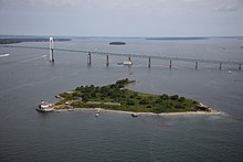 Rose Island with the Claiborne Pell Newport Bridge visible in the background