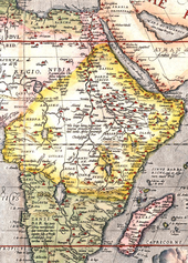 Afrika-Karte von Abraham Ortelius: Der Nil entfließt zwei zentralen Seen, deren westlichem auch Sambesi und Kongo entströmen.