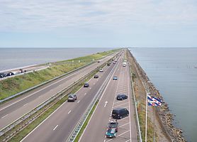 Afsluitdijk with the Wadden Sea (a part of the North Sea) on the left and the IJsselmeer on the right in the Netherlands