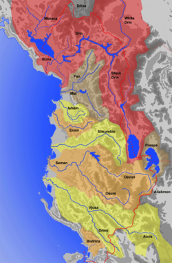 מפה הידרולוגית של אלבניה; נהר דרין בצפון