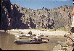 Alexander Grant in his foldboat, July 19, 1941, at the bottom of the Grand Canyon. Alexander "Zee" Grant and his folding kayak at Phantom Ranch, Grand Canyon, July 19, 1941.jpg