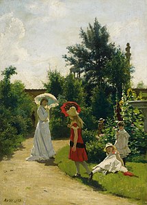 The artist's family in the garden of the summer residence in Wannsee label QS:Len,"The artist's family in the garden of the summer residence in Wannsee" label QS:Lde,"Die Familie des Künstlers im Garten der Sommerresidenz in Wannsee" 1882