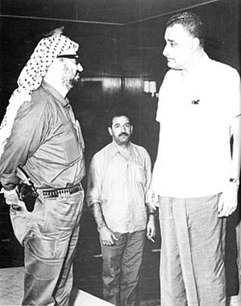 Yasser Arafat and Abu Jihad meet Gamal Abdel Nasser upon arrival in Cairo to attend first emergency Arab League summit, 1970