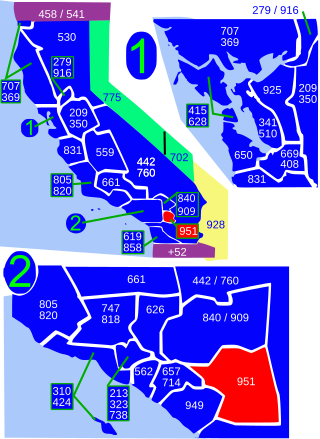 <span class="mw-page-title-main">Area code 951</span> Area code covering western Riverside County, California