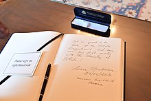 Armenian President Armen Sarkissian signs the guestbook at the Department of State. Armenian President Armen Sarkissian signs Secretary Pompeo's guestbook (42375659074).jpg
