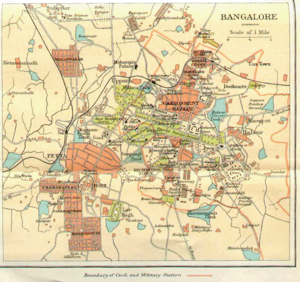 Bangalore city map, circa 1924 from "Murray's 1924 Handbook", with the pete and Cantonment areas clearly visible. Bangalore1924 map.png