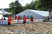 Deutsch: Beachhandball Europameisterschaften 2019 (Beach handball Euro); Tag 1: 2. Juli 2019 – Männer, Vorrunde Gruppe D, Frankreich-Montenegro 2:0 (19:7, 18:9) English: Beach handball Euro; Day 1: 2 July 2019 – Men Preliminary Round Group D – France-Montenegro 2:0 (19:7, 18:9)