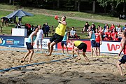 Deutsch: Beachhandball Europameisterschaften 2019 (Beach handball Euro); Tag 1: 2. Juli 2019 – Männer, Vorrunde Gruppe A, Deutschland-Norwegen 2:0 (22:14, 22:20) English: Beach handball Euro; Day 1: 2 July 2019 – Men Preliminary Round Group A – Germany-Norway 2:0 (22:14, 22:20)