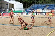 Deutsch: Beachhandball Europameisterschaften 2019 (Beach handball Euro); Tag 2: 3. Juli 2019 – Frauen, Vorrunde Gruppe D, Ukraine-Deutschland 2:0 (23:22, 32:24) English: Beach handball Euro; Day 2: 3 July 2019 – Women Preliminary Round Group D – Ukraine-Germany 2:0 (23:22, 32:24)