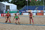 Deutsch: Beachhandball Europameisterschaften 2019 (Beach handball Euro); Tag 2: 3. Juli 2019 – Frauen, Vorrunde Gruppe D, Ukraine-Deutschland 2:0 (23:22, 32:24) English: Beach handball Euro; Day 2: 3 July 2019 – Women Preliminary Round Group D – Ukraine-Germany 2:0 (23:22, 32:24)