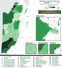 Map of the referendum, showing the constituencies where the majority voted yes (in Green) and where the majority voted no (in Red). Belize National Referendum 2008 - Results by Constituency.svg