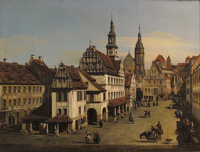 File:Bernardo bellotto, veduta della piazza del mercato di pirna, olio su tela, 48,2x62,2, coll privata tratmannsdorf (austria).JPG